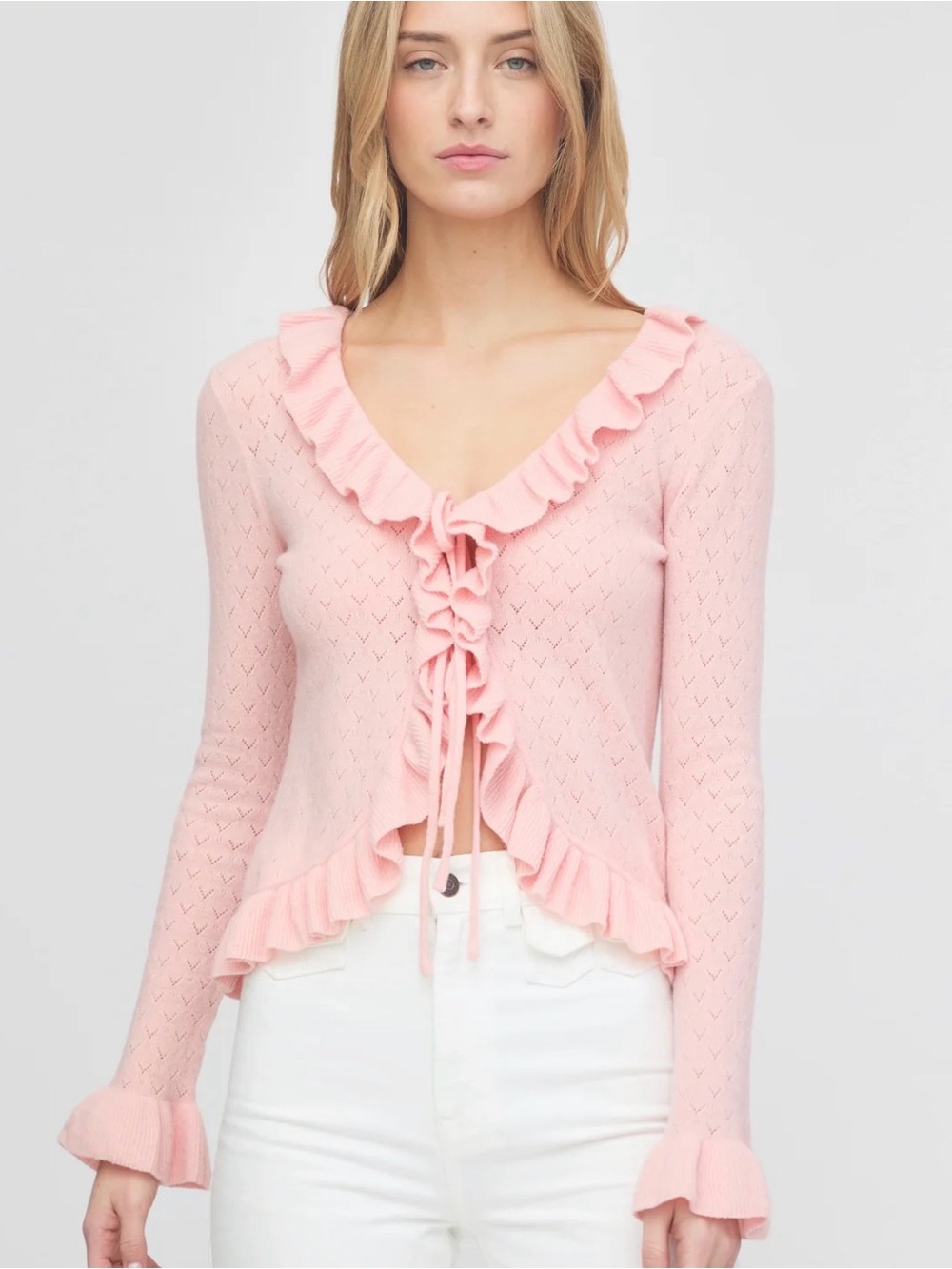 Hill House Light Pink Ruffle Tie-Front Knit Cardigan
